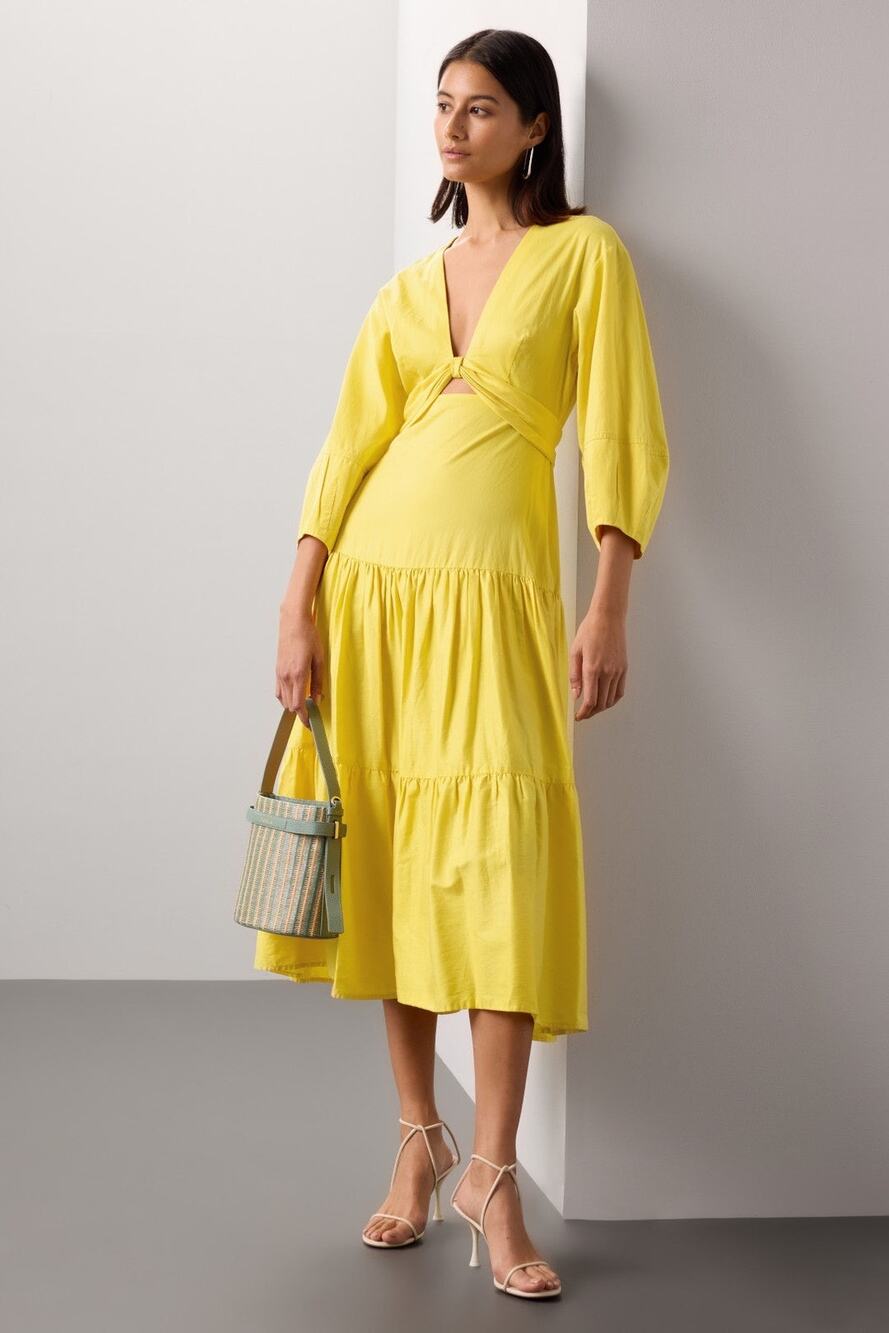 DEREK LAM COLLECTIVE Yellow V-Neck Hourglass Twist Front Tiered Mini Dress 36